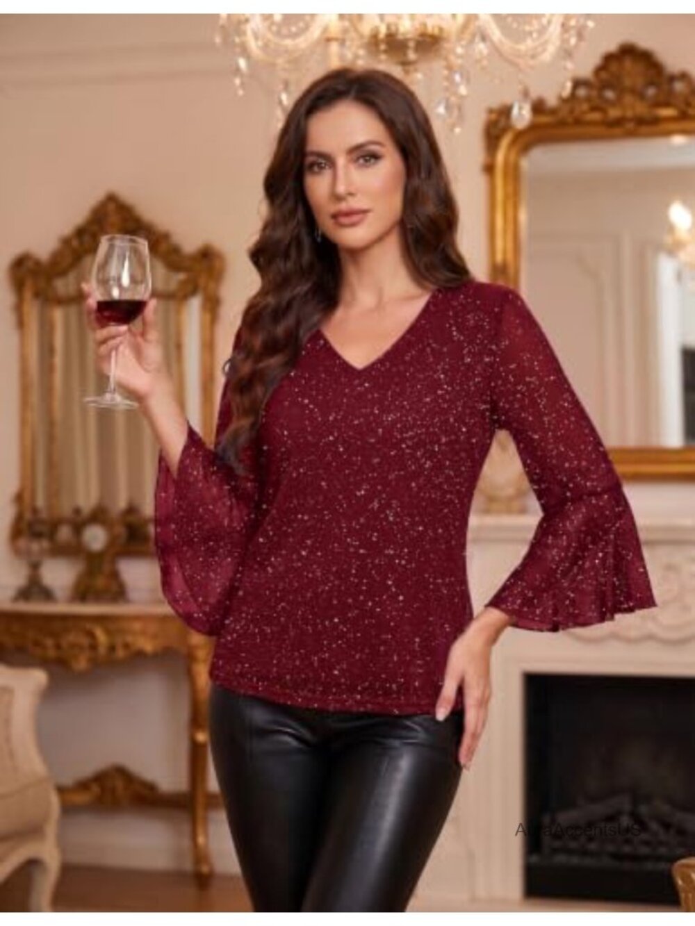 Sequined 3/4 Sleeve V-Neck Tunic Blouse Dressy Sparkly Party Top - Picture 5 of 6